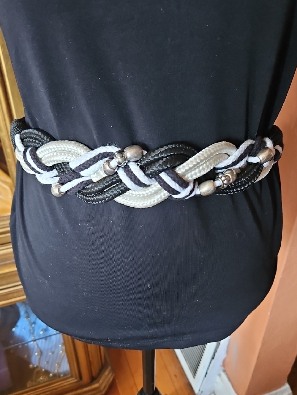 Braided Black and White Rope Belt with Silver Beaded Accents